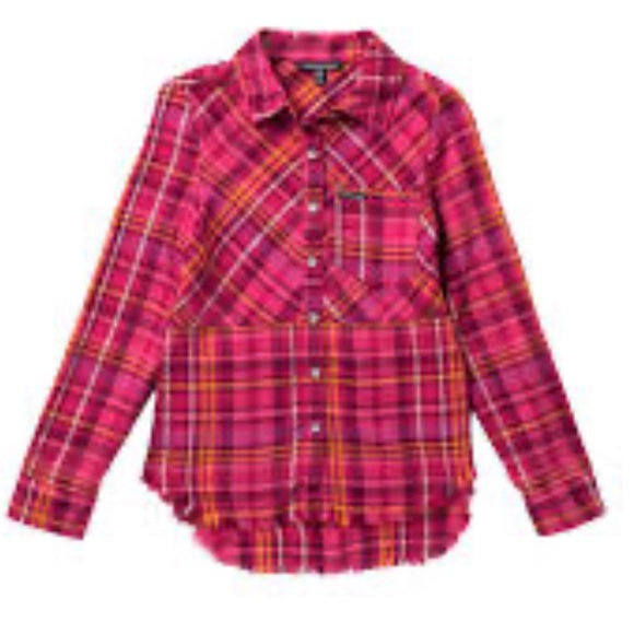 Calvin Klein Girls Large 12/14 Shirt Button Up Fringe Long Sleeve Plaid Pink NEW - Picture 1 of 7